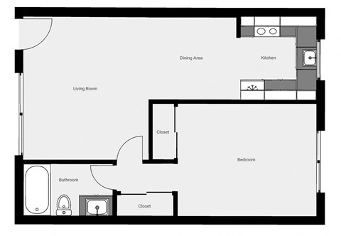 A floor plan of a small apartment with a living room, dining area, kitchen, bedroom, and bathroom.